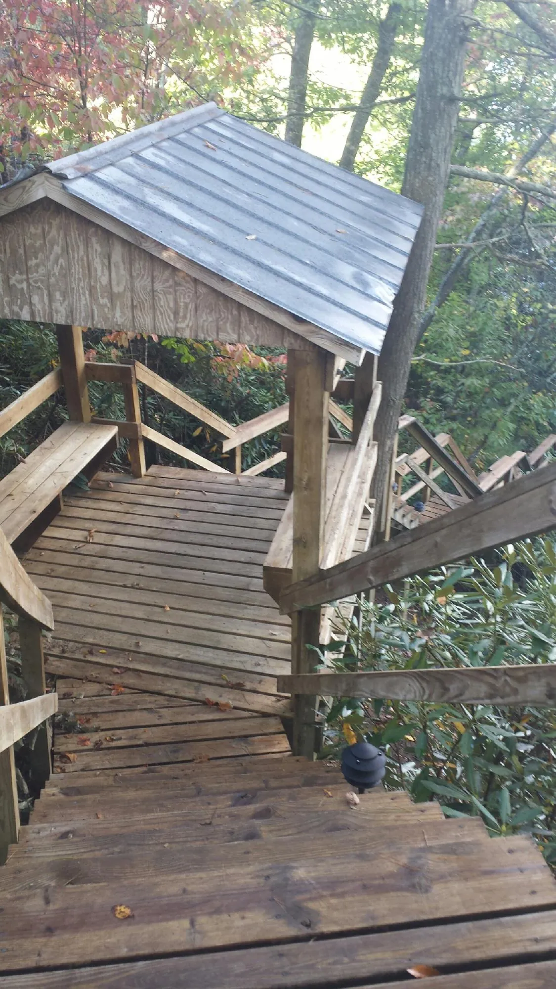Metal roofed shelter over wooden steps on a wooded walkway — Skylight Repair & Installation work by our crew in Lowden